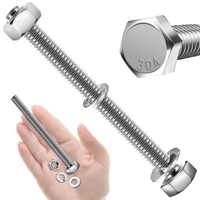 MYWISH (5 Sets) 3/8-16x4 Hex Head Assorted Screws Nuts and Bolts with Flat & Lock Washers, 304 Stainless Steel 18-8, Fully Threaded, 3/8 Bolt Metric Bolt Assortment - Image 1